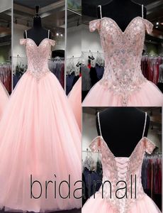 Pink Ball Gown Quinceanera Dresses Crystal Beaded Sweetheart Spaghetti Straps Backless Sweet 16 Puffy Party Pageant Prom Evening B3155430