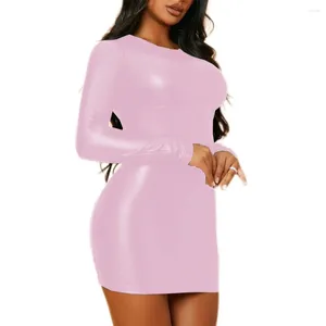 Casual klänningar sexiga kvinnor långärmad mini wetlook pu läder smal stretch bodycon kort blyerts klänning party klubbkläder s-7xl