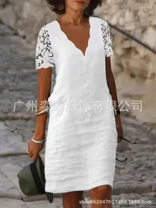 Casual Dresses Cotton V-neck Summer Dress For Womens Short Sleeve Mini Ladies Hollow Out Solid Vintage Loose Vestidos