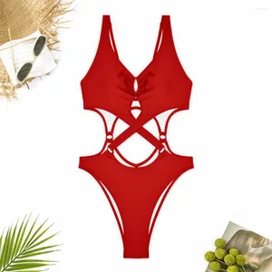 Kvinnors badkläder Red Bikini Cross Bandage Swimsuit Monokini Skuren ut sexig push-up Women One-Piece Beach Y2K Baddräkt Semesterkläder