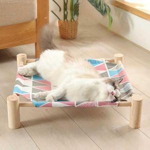 Łóżka kota meble Podwyższone łóżko dla zwierząt drewniany przenośny hamak chłodzący z odłączonym stojakiem - idealny dla psów kotów! D240508