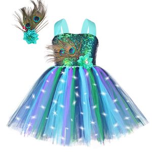 Traje leve de pavão leve para meninas lantejoulas de flores vestido tutu para crianças halloween ano roupas de aniversário roupas 240429