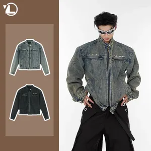 Men's Jackets 2024 Mens Denim Jacket Zippered Metal Design Distressed Washed Short Jeans Vintage Trendy Spliced Male Outerwear