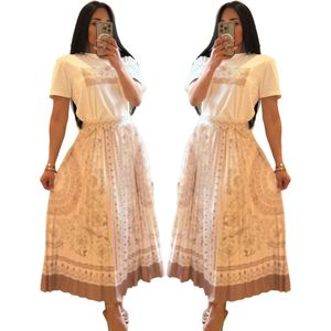 2024 Pleated Two Piece Dress Women Casual T-shirt and Long Skirt Set 2Pcs Outfit Free Ship