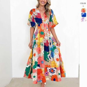 Casual Dresses Designer Dress Women's summer new floral print bubble sleeve A-line long skirt temperament dress Plus size Dresses