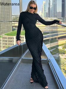 Casual Dresses WaterArea Women Long Sleeve Ruffles randig o-hals Bodycon Midi Maxi Dress 2024 Autumn Vestidos Sexig fest födelsedag