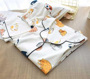 100 Pijama de algodão para mulheres Cute Cat Print Cartoon Clothes Home Clothes 2pcs Conjunto de roupas de dormir Topspants Nighties Pijama Suit 2111121430041