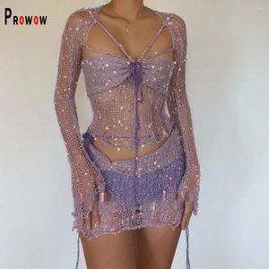 Work Dresses Sexy Women Clothes Solid Color Knitted Sequined Y2k Style Female Clothing Set 2024 Design Birthday Party Club Wear Suits