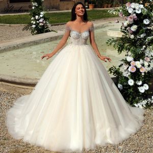 2024 New Arrival Wedding Dresses Illusion Neck Beads Crystal Long Sleeves Tulle Bride Formal Gowns Robe Mariage Vestidos De Novia Customed