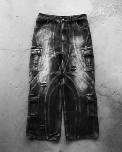 Gothic Punk Y2k Jeans for Men Retro Black Rock Ripped Baggy Jeans Multi Pocket Cargo Pants Low Waist Leisure Streetwear 240428