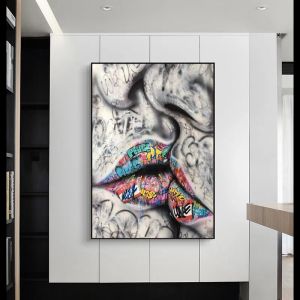 Funny Canvas Painting Wall Decor Lover Kissing Street Graffiti Art Painting on Canvas Posters and Prints Abstract Wall Art Picture for Living Room Home Decor