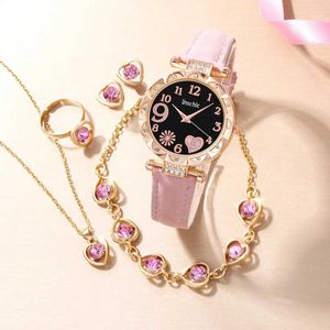 Women's Watches 6PCS Womens Fashion Trend Simple Digital Rhinestone Leather Quartz Love Crystal Necklace Ring Earrings Bracelet Gift Set