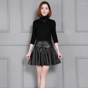 Saias femininas de couro genuíno Mini plus size 4xl Black Sheepskin Hollow Out Luxury High Cisting A-Line Skirt