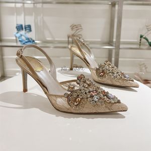 Designer High Heel Sandals Kvinnor Slingback-klackar Ren Rene Caovilla Nyaste kristaller Utsmyckade strass klackar Sandaler Bankett högklackade sandaler klänningskor