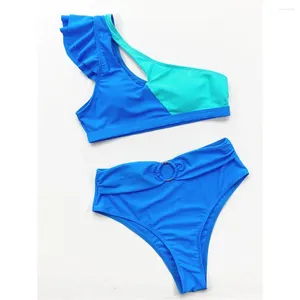 Kvinnors badkläder sexig rufsa en axel kvinnlig baddräkt hög midja bikini kvinnor tvåstycken set bather baddräkt simma k3155