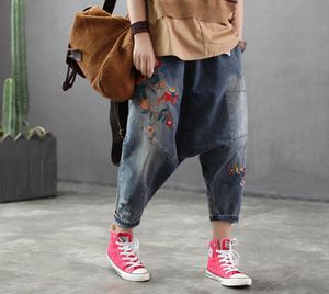 Broderade jeans 2019 kvinnor hiphop streetwear baggy harem jeans pojkvän byxor brett ben droppe crotch denim bloomers5036069