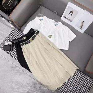 tops dresses for woman 24 Spring/Summer New Triangle Label Women's Short Shirt Style Slim and Casual Pleated Half Skirt Set Two Pieces