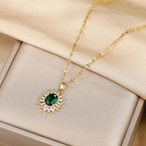 Anhänger Halsketten High Fashion Retro Grüne Oval Zirkon Kristall Edelstahl für Frauen Vintage weibliche Nackenkette Schmuck Geschenk