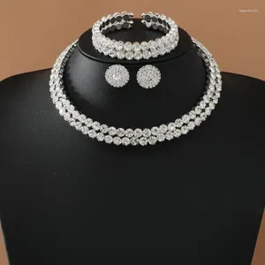 Necklace Earrings Set Women Elegant Bracelet Rhinestone 2 Rows Wedding Bride Decorative Jewelry