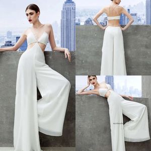 2020 Modest Jumpsuits Halter Sleeveless Backless A Line Evening Satin Formal Dresses Sweep Train Party Gowns 0508