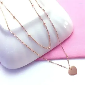 Kedjor pläterade 14K Rose Gold Smooth Heart Pendant Round Bead dubbel uppsättning av halsband Romantiska bröllop smycken