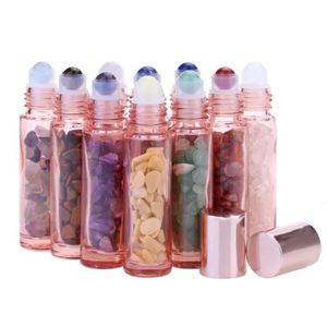 Rose Glass Gold 10Ml Bottle Wholesale Natural Crystal Semiprecious Stones Essential Oil Gemstone Roller Ball Bottles 10 Style s