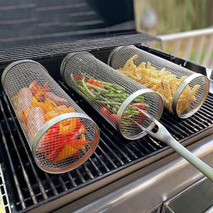 Grills Stainless Steel Barbecue Grill Grate Barbecue Cage Camping Picnic Cookware Outdoor Round BBQ Campfire Grill Rolling Grill Basket