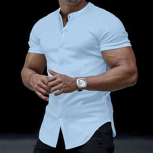 ZZ36 لباس الرجال جودة الرجال قصيرة قميص قميص زر أبيض صلب صلب القمصان اللباس ترتفع إلى أسفل رفيعة النحافة camisa masculina D240507