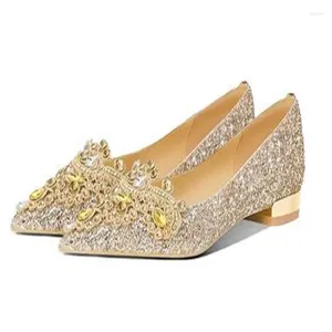 Casual Shoes Women 2024 Low-heeled Dress Banquet Crystal Sequins Wedding Gold Pointed Female Bride Zapatos De Mujer