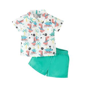 Clothing Sets Baby Boys Summer Boho Outfits Shorts Sets Short Sleeve Lapel Dinosaur Print Button Shirt Solid Color Shorts Sets H240508