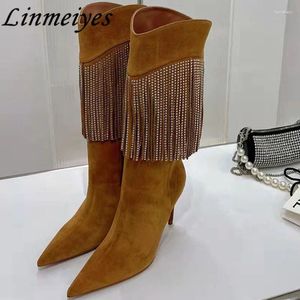 Boots 2024 Autumn Winter Runway High Heels Women Crystal Fringe Styles Pointy Toe Pumps Shoes Female Party Knee-High Lady