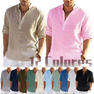 Men's Polos Mens linen long sleeved T-shirt solid color loose casual shirt long sleeved cotton linen shirtL2405