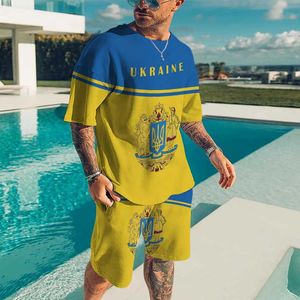 Traccetti da uomo Nuovi maschi estivi indossano bandiera ucraina in 3D womens womens casual jogging t-shirt personalizzato retrò+pantaloncini a 2 pezzi setl2405