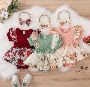 Summer niemowlęta mody mody kwiatowe Jumpsuits Baby Flownot Bowknot Jumpsuits