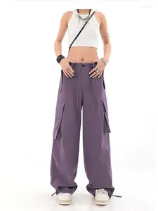 Calça feminina y2k cargo roxo feminino moda de streetwear modgers corda alta cintura solta 2024 vintage casual