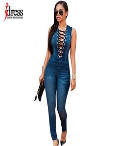 Idress Plus Size Summer Women Party Slim Jeans Combination Deep v Neck Schnürung Rompers weibliche sexy Club Overalls Denim Jumpsuit T27418456