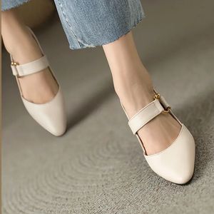 Leather Block Heel Summer 2024 High Heels Pointed Toe One Word Ladies Shoes Buckles Footwear Sandals for Women Korea Luxury Shoe 240426