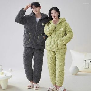 Women's Sleepwear High Quality Couple Hooded Pajamas Set Women Men Thick 3 Layers Pijama Winter Knited Cotton Quilted Solid Pyjamas