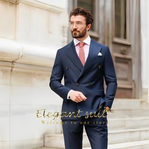 Mens Navy Blue DoubleBreasted Business Suit High Quality 2 -Piece Customized Formal Jacket Trousers Event Office Wear 240507