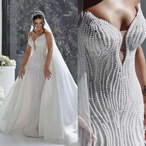 Pearle squisite abiti da sposa sirena a sirena di sirenetta intera design staccabile in tulle senza maniche per un abito da sposa sexy fade per dimensioni da sposa Vietidos de noni