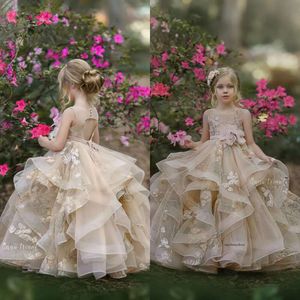 Cute 2020 Flower Girls Dresses For Wedding Multilayer 3D Flowers Appliqued Kids Formal Wear Keyhole Back Floor Length Girl's Pegeant Dress 0508
