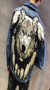 New 2019 Punk Style Novel Wolf Embroidered Rivet Jeans Jacket Men Denim Jackets Streetwear Slim Jeans Jacket1737117