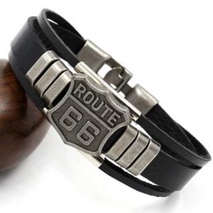 Bangle New Trendy American Route 66 Druckmuster Armband Herren Armband Metall mehrschichtiger Lederarmband Accessoires Party Schmuck J240508