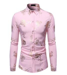 Стильный розовый цветочный золотой принт розовая рубашка мужчина 2020 Новый Slim Fit Long Sline Mens Dress Formts Club Party Свадебная Camisa Social LJ25412602
