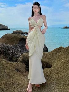 Work Dresses Women Beige Sleeveless V Neck Hollowed Out Backless Pleated Slip Tops And High Waist Slim Mermaid Long Skirt Fashion Summer