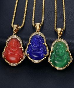 Diamond Studded Opal Jade Laughing Buddha Wisianty Naszyjniki ze stali nierdzewnej Złotą Złotą Łańcuch Inkrustowany Kamień Kamień Wholesa7103220