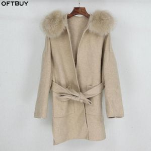 OFTBUY 2020 New Oversize Loose Cashmere Wool Blends Real Fur Coat Winter Jacket Women Natural Fox Fur Collar Hood Outerwear Belt1776468