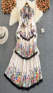 2022 Spring Leopard Flower maxi Dress Women Women Trecy Gollar Collar Longa de manga comprida estampa floral Cascading Renda costura Bolo Party Vestidos9521906