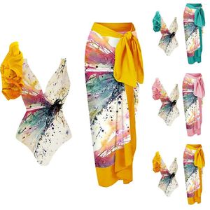 Frauen Badebekleidung gegen Nacken gekräuselt künstlerische Print Badeanzug und französischer Vintage Wrap Rock Hochbeinbikini mit unteren Set Frauen