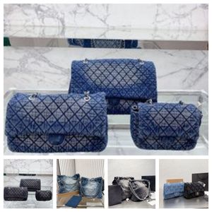 Classic Denim Blue Black Flap Bag Luxury Designer Women's Handbag Crossbody Tote Shopping Shoulder Bag Vintage Embroidery Print Silver Hardware Bag 3 Sizes